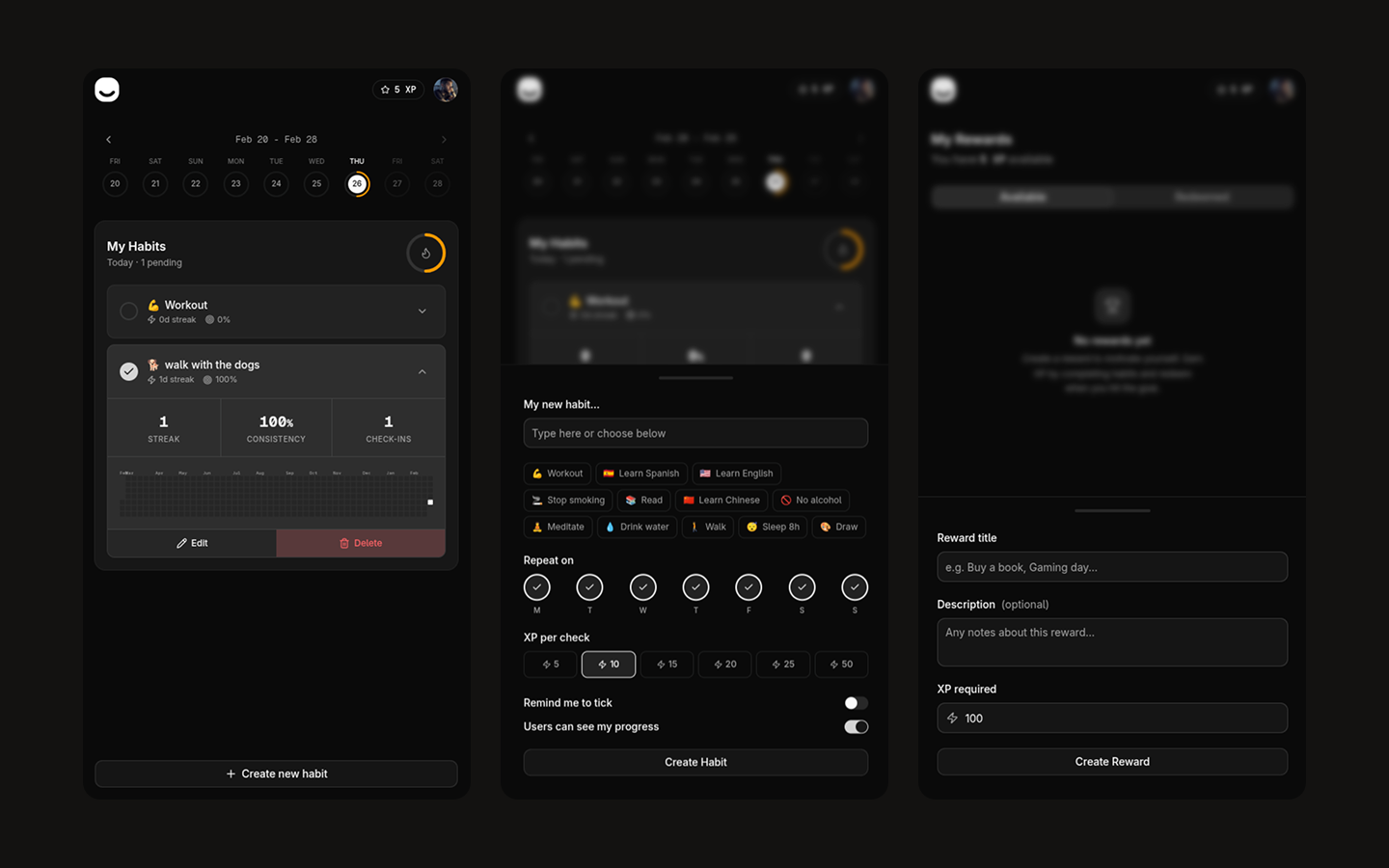 Behabit mobile screens